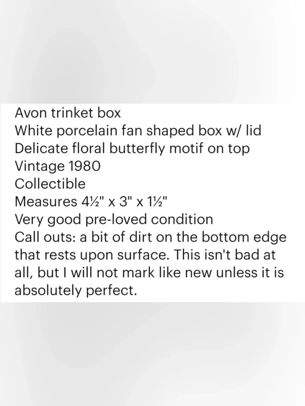 Avon Trinket Box Fan Shaped White Porcelain w/ Floral Butterfly Motif 4½